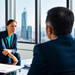 A professional businessman in a tailored suit and a businesswoman in a modest pantsuit are seated at a large, modern conference table, engaged in a serious discussion about financial projections displayed on a holographic screen. One figure embodies cautious analysis, meticulously reviewing data with a thoughtful, measured expression, while the other exhibits a forward-thinking, confident demeanor, pointing towards growth opportunities. The setting is a brightly lit, minimalist office interior with large windows overlooking a city skyline. Professional photography, high detail, sharp focus, perfect anatomy, correct proportions, natural poses, well-formed hands, proper finger count, fully clothed, modest clothing, appropriate attire, professional dress, safe for work, appropriate content, professional, family-friendly.